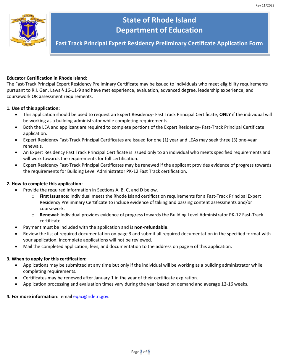 Fast Track Principal Expert Residency Preliminary Certificate Application Form - Rhode Island, Page 2