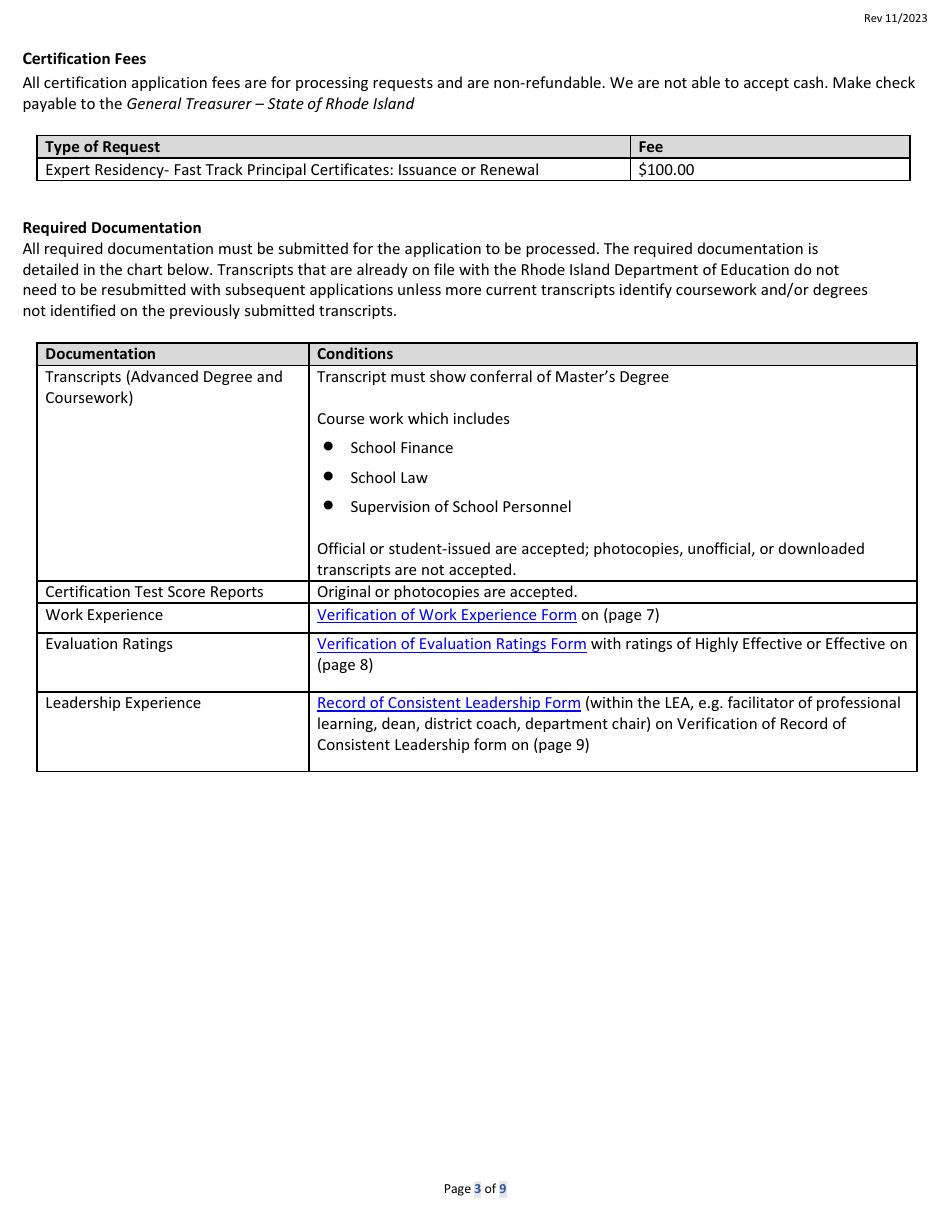 Fast Track Principal Expert Residency Preliminary Certificate Application Form - Rhode Island, Page 3