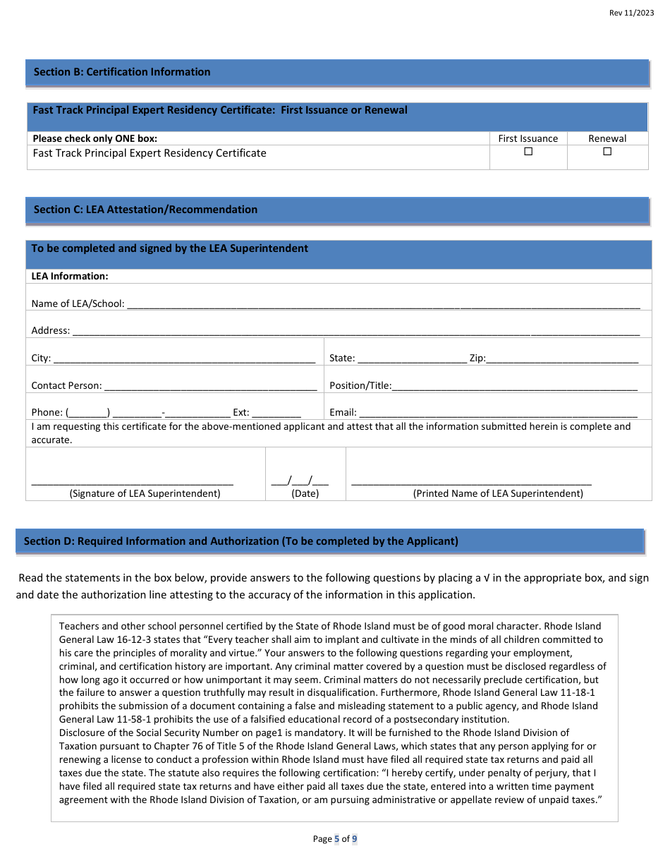 Fast Track Principal Expert Residency Preliminary Certificate Application Form - Rhode Island, Page 5