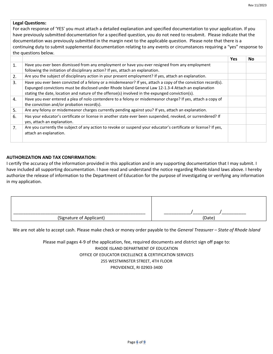 Fast Track Principal Expert Residency Preliminary Certificate Application Form - Rhode Island, Page 6