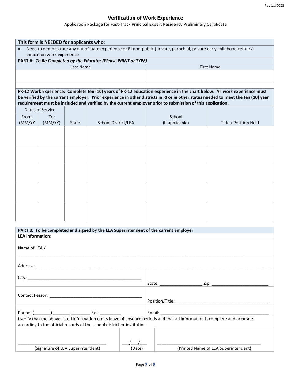 Fast Track Principal Expert Residency Preliminary Certificate Application Form - Rhode Island, Page 7