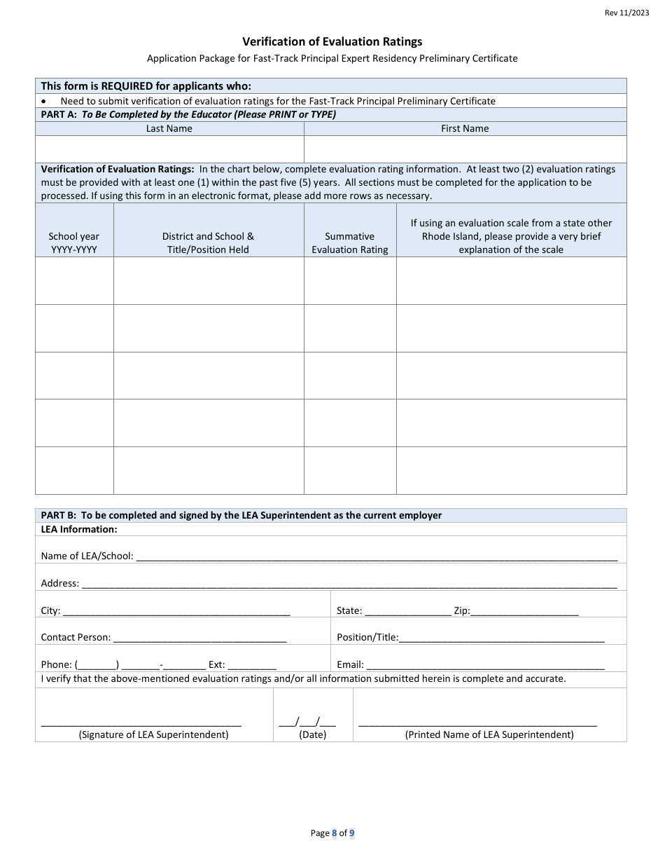 Fast Track Principal Expert Residency Preliminary Certificate Application Form - Rhode Island, Page 8