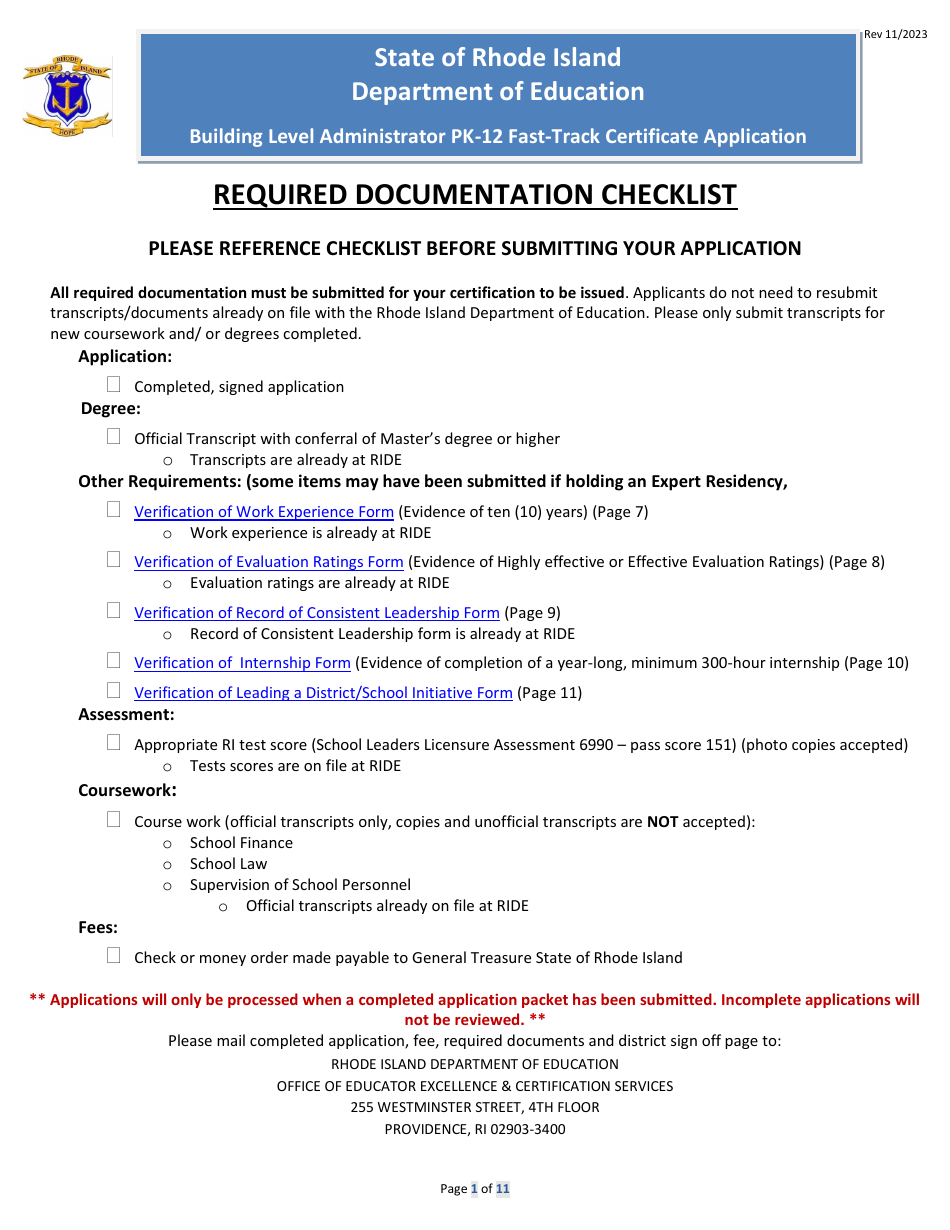 Building Level Administrator Pk-12 Fast-Track Certificate Application Form - Rhode Island, Page 1