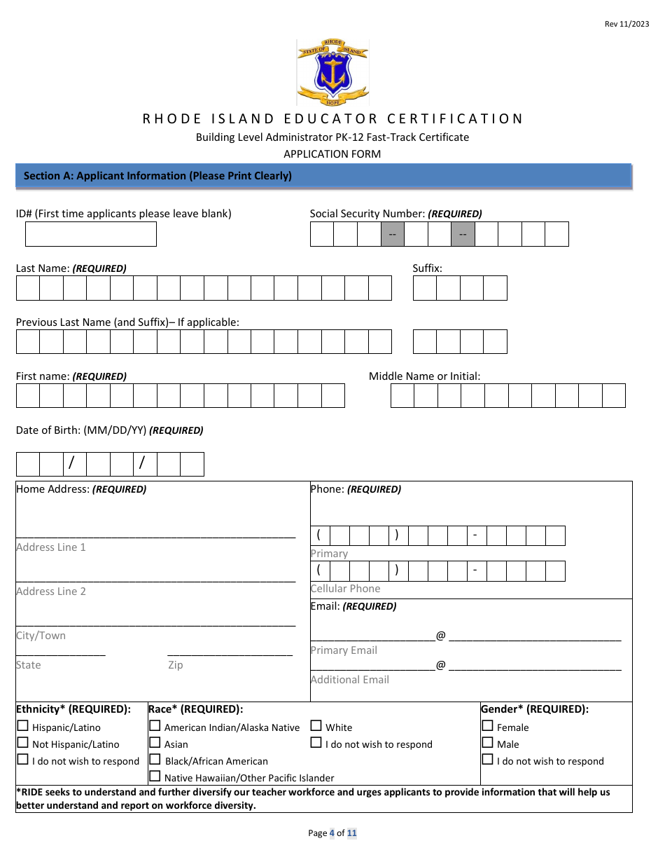 Building Level Administrator Pk-12 Fast-Track Certificate Application Form - Rhode Island, Page 4
