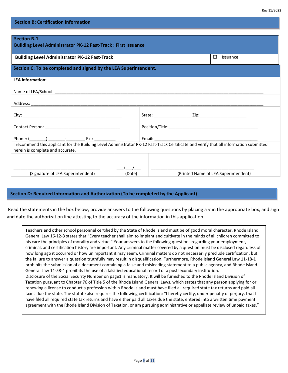 Building Level Administrator Pk-12 Fast-Track Certificate Application Form - Rhode Island, Page 5