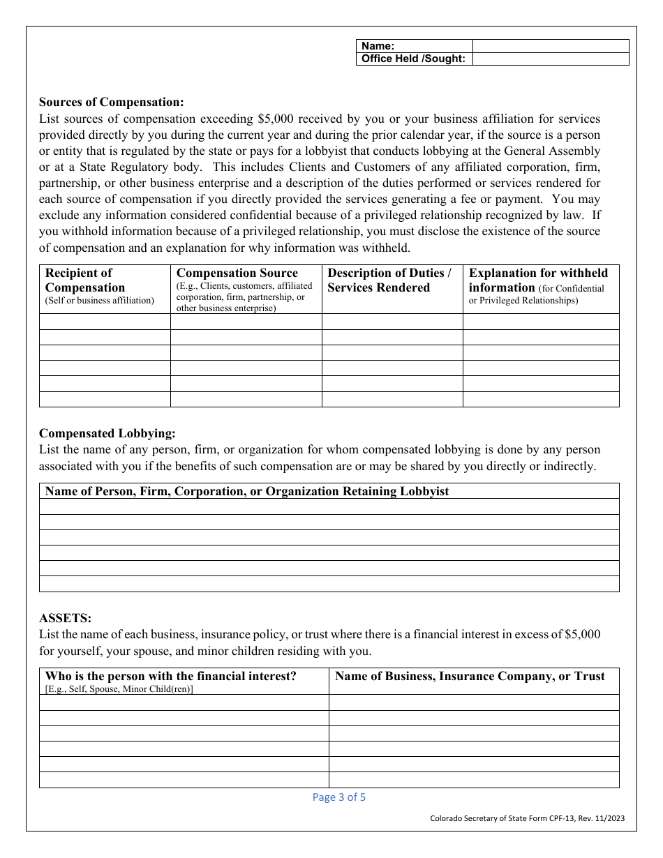 Form CPF-13 Personal Financial Disclosure Statement - Colorado, Page 3
