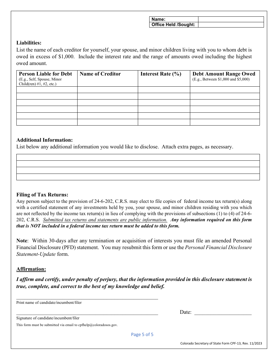 Form CPF-13 Personal Financial Disclosure Statement - Colorado, Page 5
