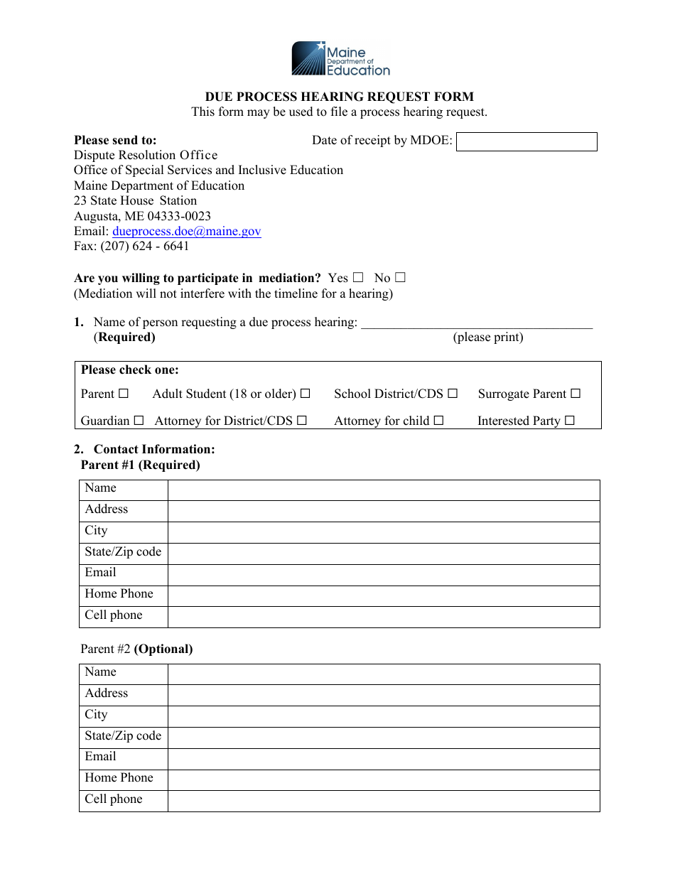 Due Process Hearing Request Form - Maine, Page 1