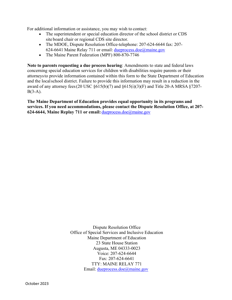 Due Process Hearing Request Form - Maine, Page 5