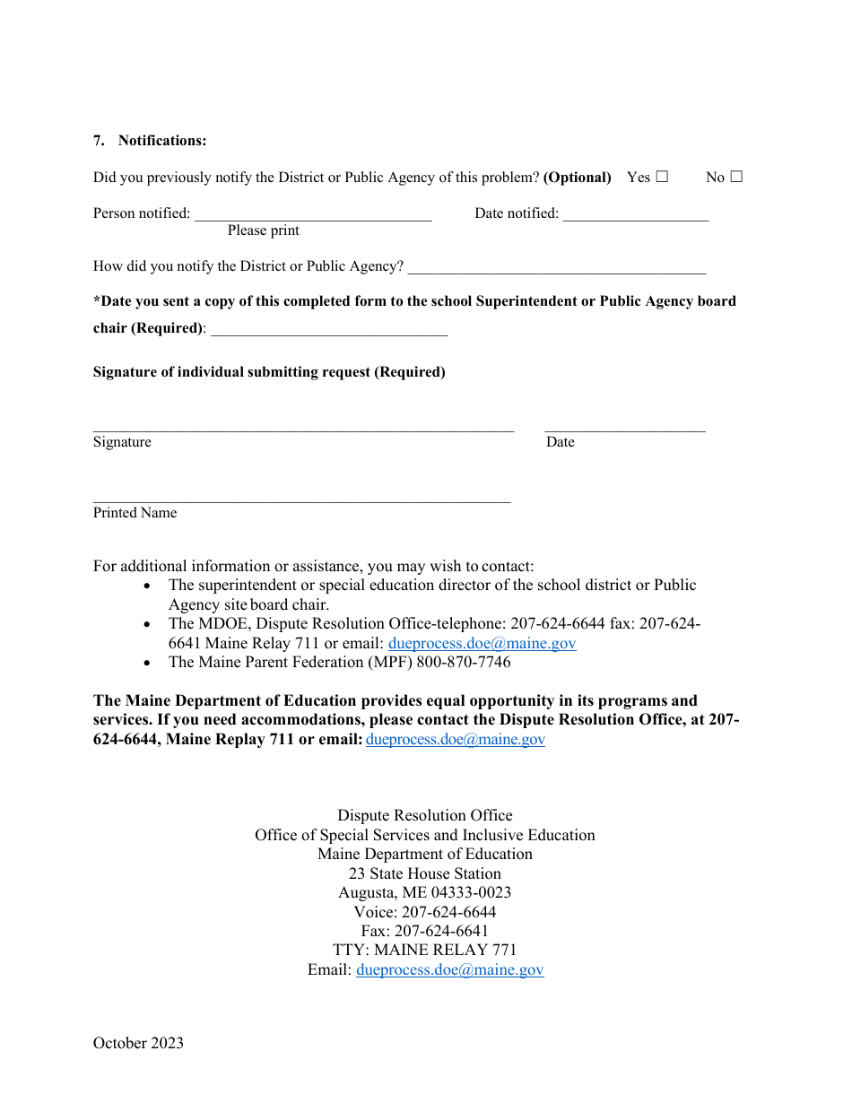 State Systemic Complaint Investigation Request Form - Maine, Page 3
