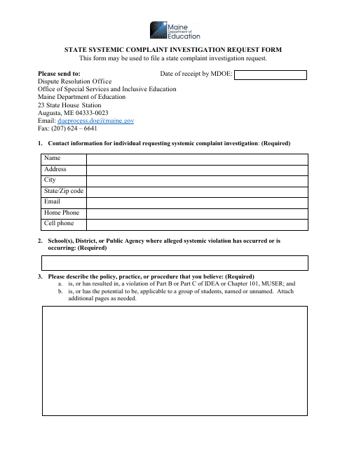 State Systemic Complaint Investigation Request Form - Maine Download Pdf