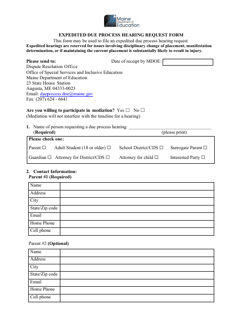 Expedited Due Process Hearing Request Form - Maine Download Pdf