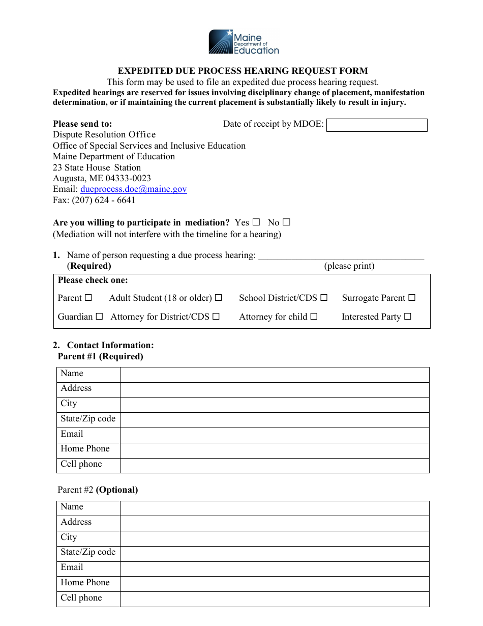 Expedited Due Process Hearing Request Form - Maine, Page 1