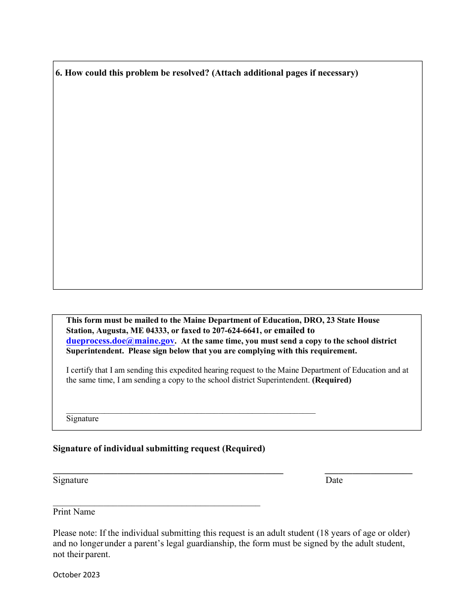 Expedited Due Process Hearing Request Form - Maine, Page 4