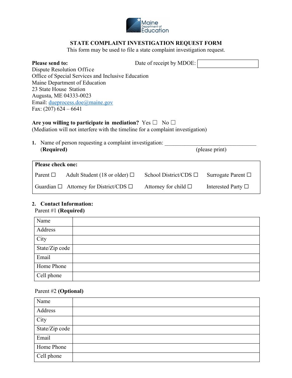 State Complaint Investigation Request Form - Maine, Page 1