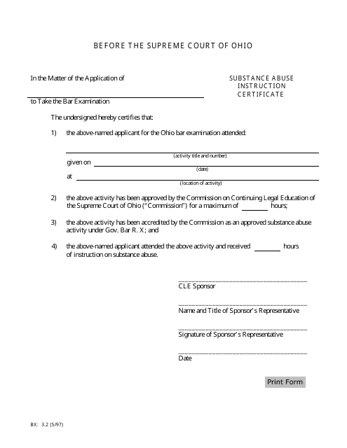 Form BX:3.2 Substance Abuse Instruction Certificate - Ohio