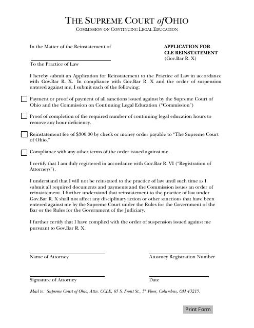 Application for Cle Reinstatement - Ohio Download Pdf