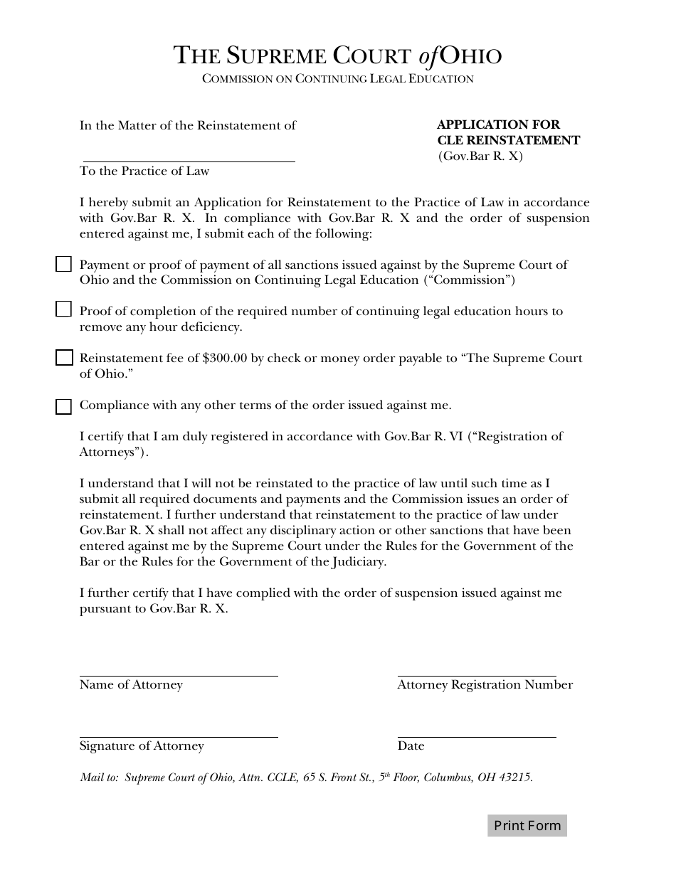 Application for Cle Reinstatement - Ohio, Page 1