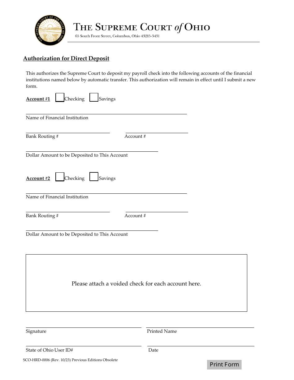 Form SCO-HRD-0006 Authorization for Direct Deposit - Ohio, Page 1