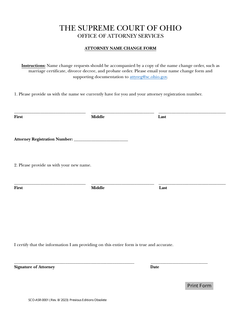 Form SCO-ASR-0001 Attorney Name Change Form - Ohio, Page 1