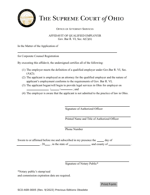 Form SCO-ASR-0005 Affidavit of Qualified Employer - Ohio