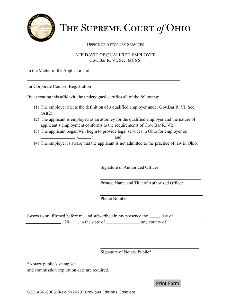 Form SCO-ASR-0005 Affidavit of Qualified Employer - Ohio, Page 1