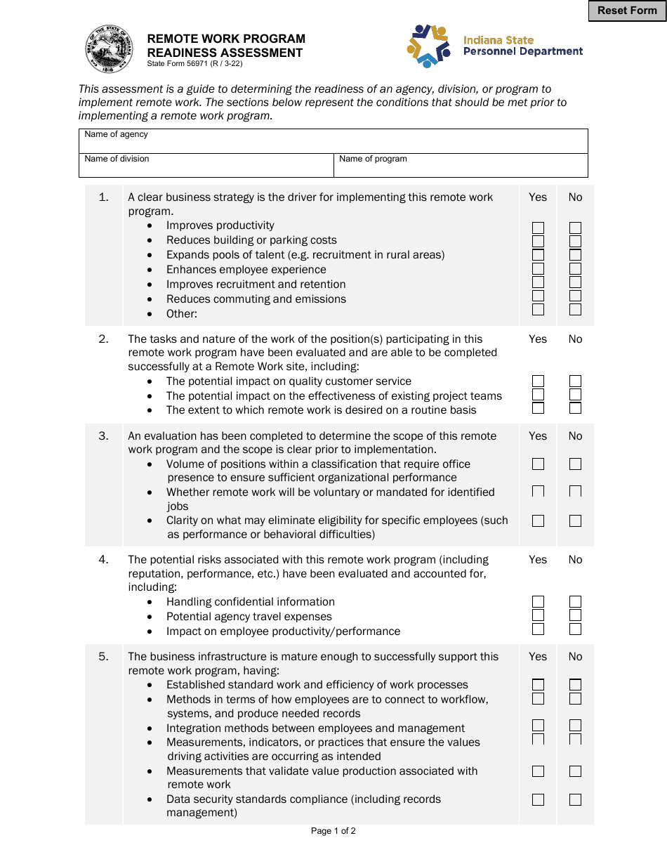 State Form 56971 Remote Work Program Readiness Assessment - Indiana, Page 1