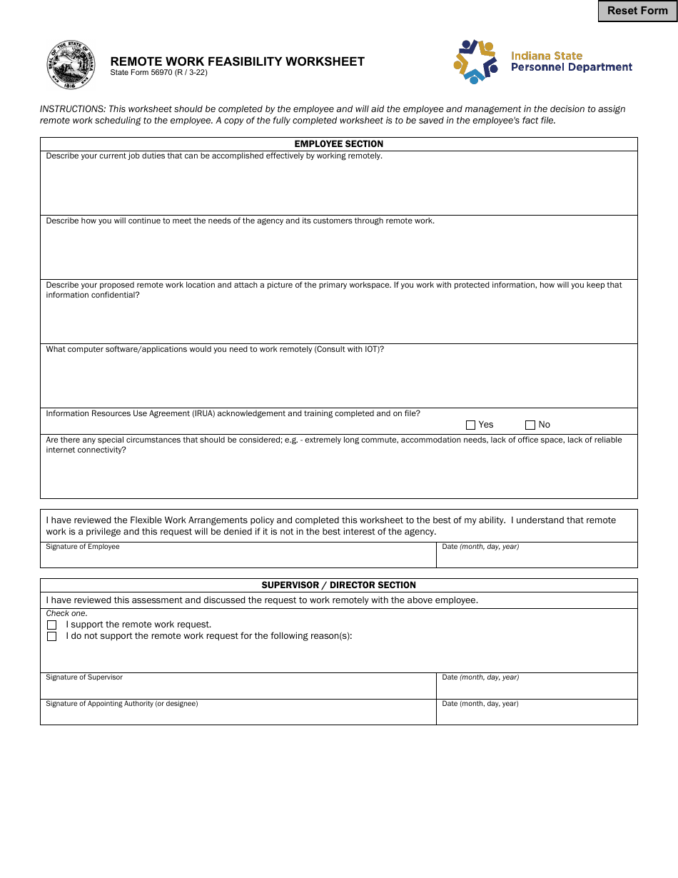 State Form 56970 Remote Work Feasibility Worksheet - Indiana, Page 1
