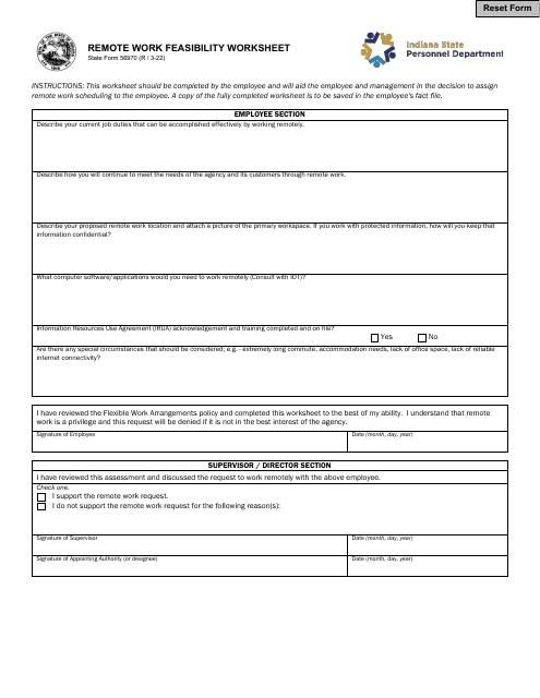 State Form 56970 Remote Work Feasibility Worksheet - Indiana