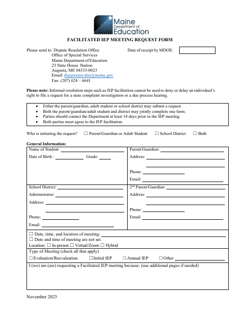 Facilitated Iep Meeting Request Form - Maine Download Pdf
