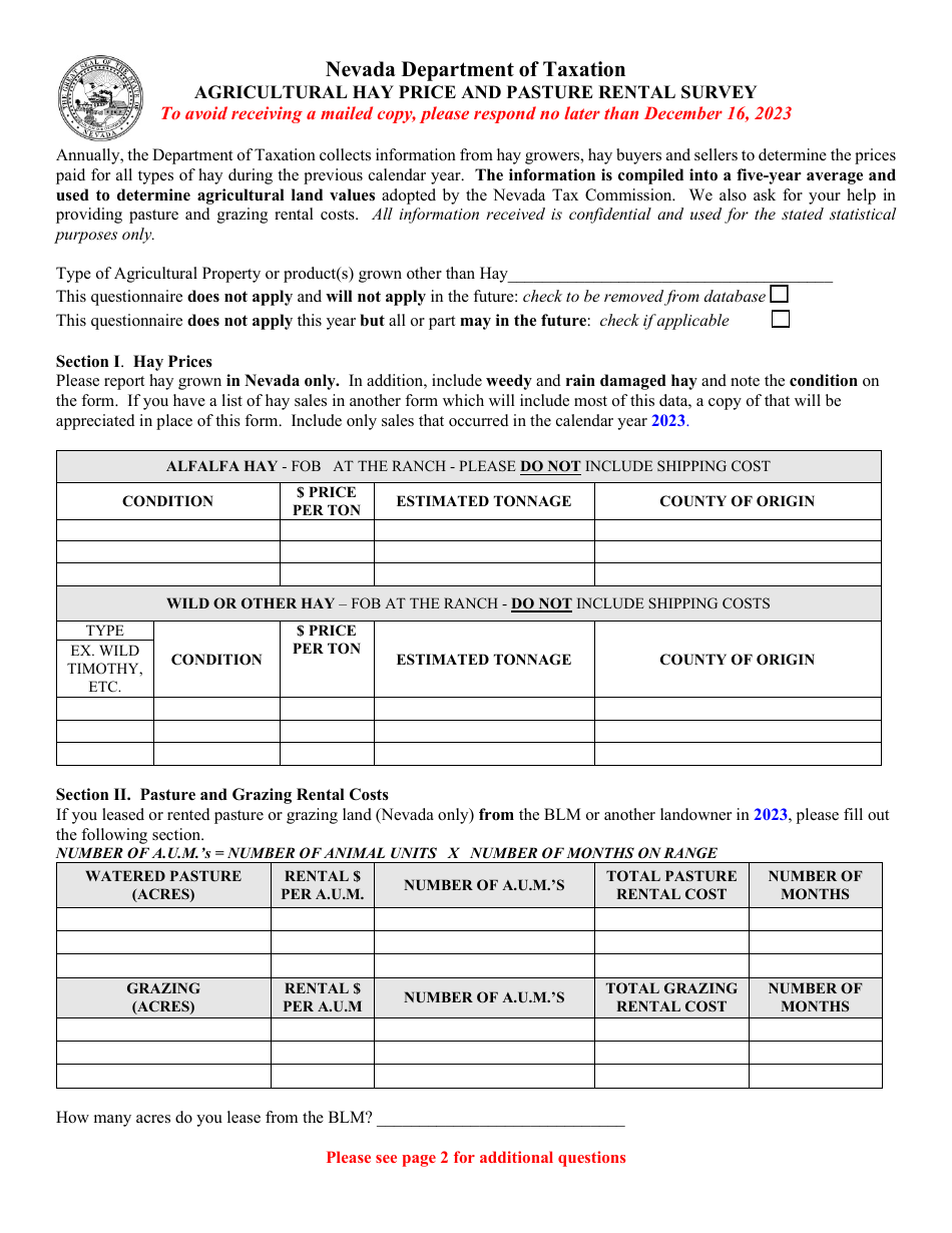 Agricultural Hay Price and Pasture Rental Survey - Nevada, Page 1