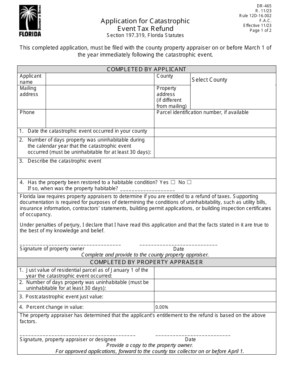 Form DR-465 Application for Catastrophic Event Tax Refund - Florida, Page 1