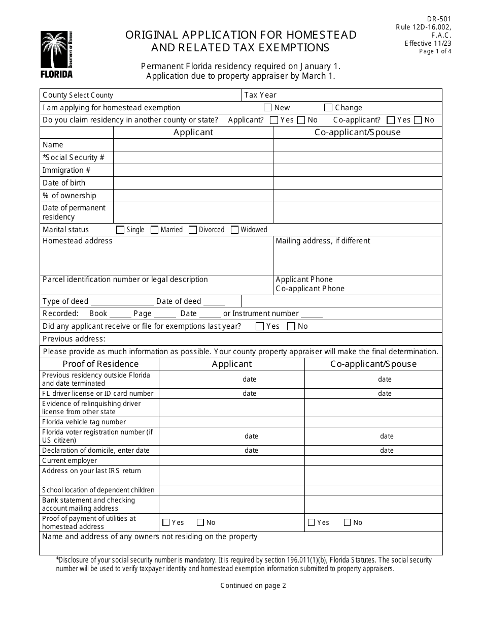 Form DR501 Download Fillable PDF or Fill Online Original Application