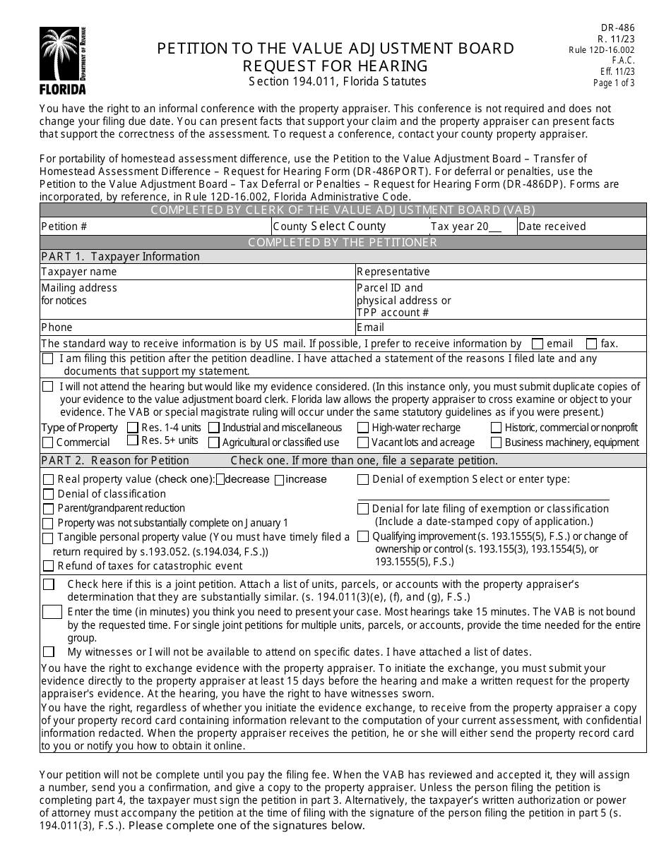 Form DR-486 Petition to the Value Adjustment Board Request for Hearing - Florida, Page 1