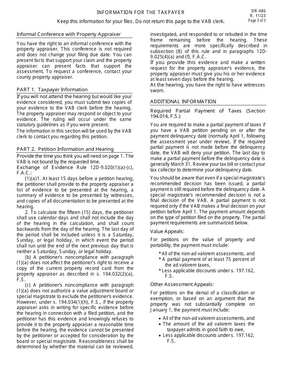 Form DR-486 Petition to the Value Adjustment Board Request for Hearing - Florida, Page 3