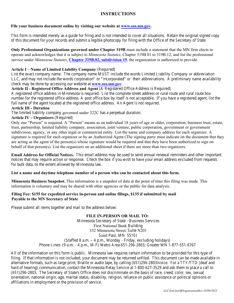 Minnesota Limited Liability Company | Articles of Organization - Minnesota, Page 3
