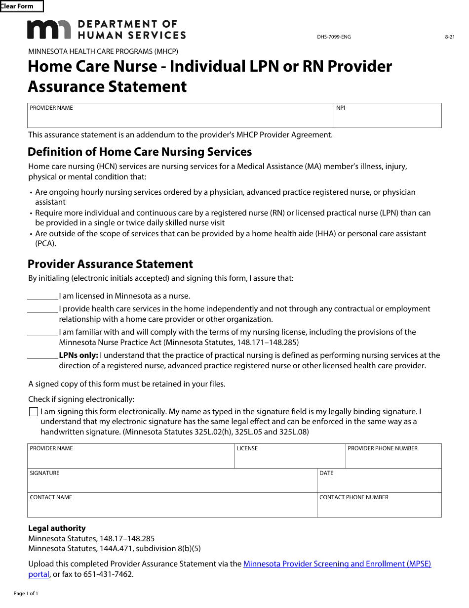 Form DHS-7099-ENG Home Care Nurse - Individual Lpn or Rn Provider Assurance Statement - Minnesota Health Care Programs (Mhcp) - Minnesota, Page 1