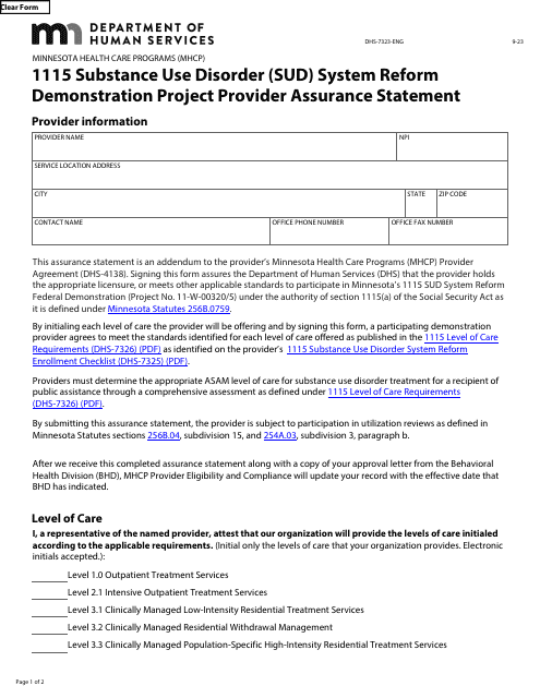 Form DHS-7323-ENG 1115 Substance Use Disorder (Sud) System Reform Demonstration Project Provider Assurance Statement - Minnesota Health Care Programs (Mhcp) - Minnesota