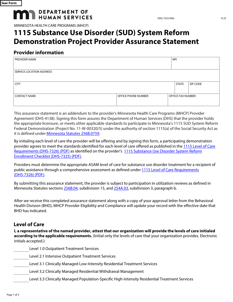 Form DHS-7323-ENG 1115 Substance Use Disorder (Sud) System Reform Demonstration Project Provider Assurance Statement - Minnesota Health Care Programs (Mhcp) - Minnesota, Page 1