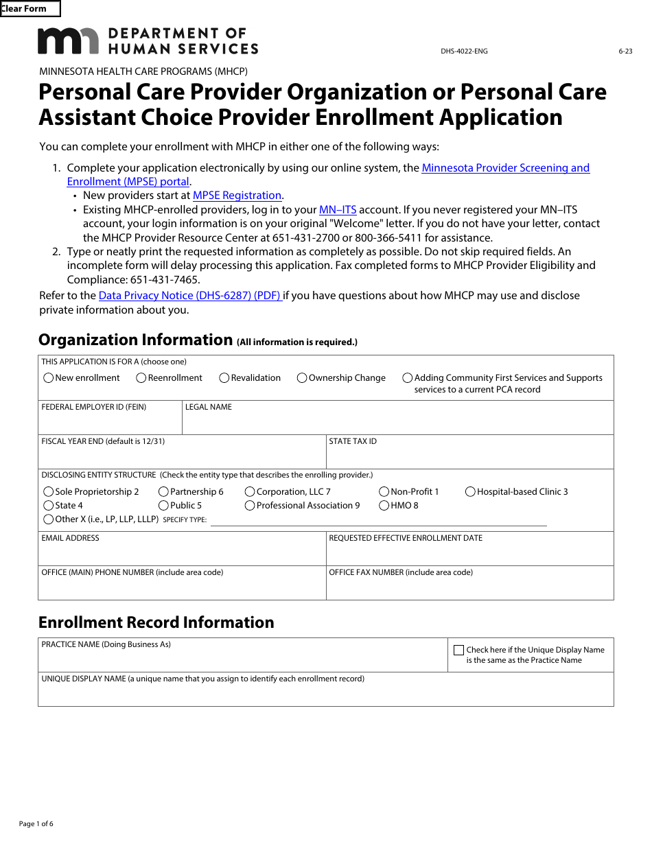 Form DHS-4022 Personal Care Provider Organization or Personal Care Assistant Choice Provider Enrollment Application - Minnesota, Page 1