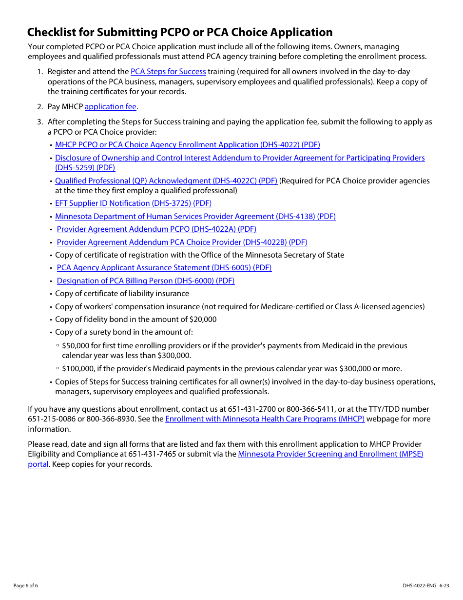 Form DHS-4022 Personal Care Provider Organization or Personal Care Assistant Choice Provider Enrollment Application - Minnesota, Page 6