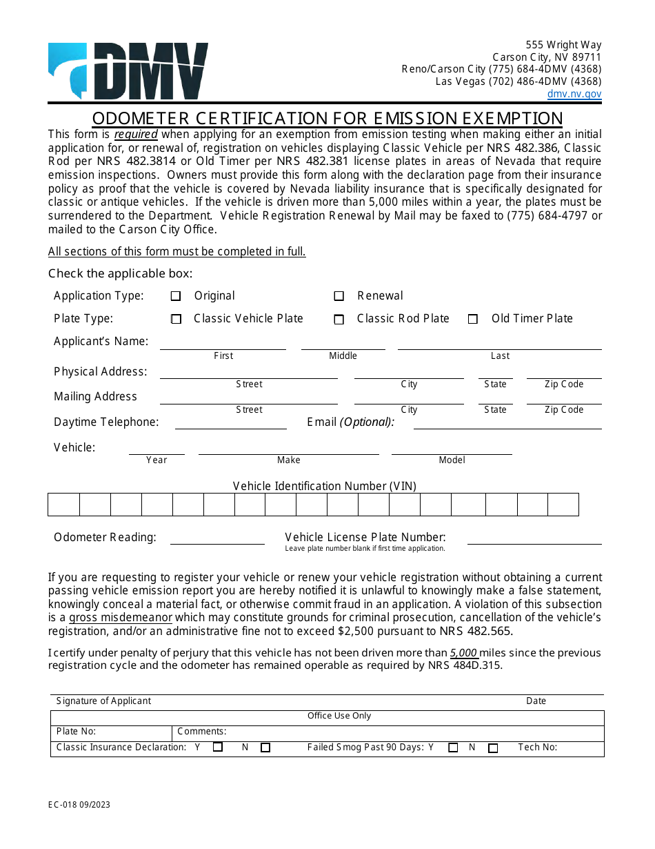 Form EC-018 Odometer Certification for Emission Exemption - Nevada, Page 1