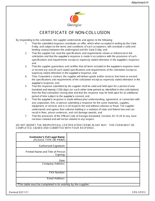 Form SPD-SP012 Attachment H Certificate of Non-collusion - Georgia (United States)