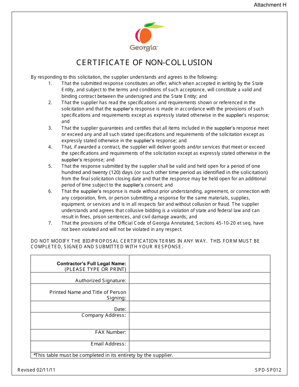 Form SPD-SP012 Attachment H Certificate of Non-collusion - Georgia (United States), Page 1