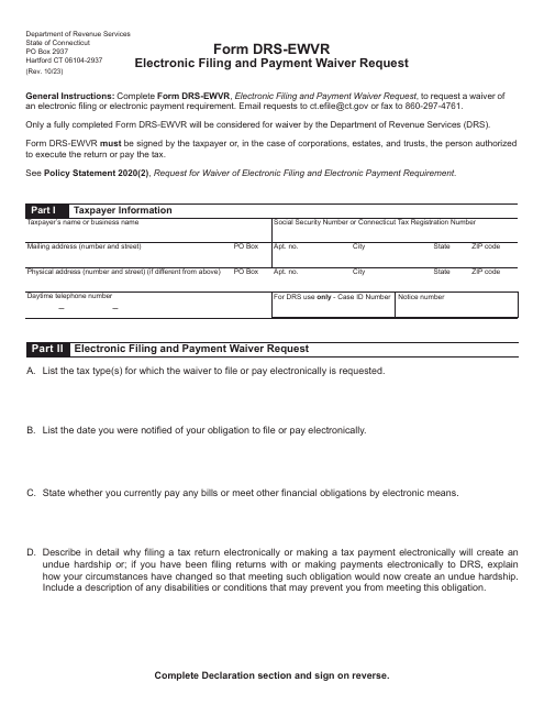 Form DRS-EWVR Electronic Filing and Payment Waiver Request - City of Hartford, Connecticut