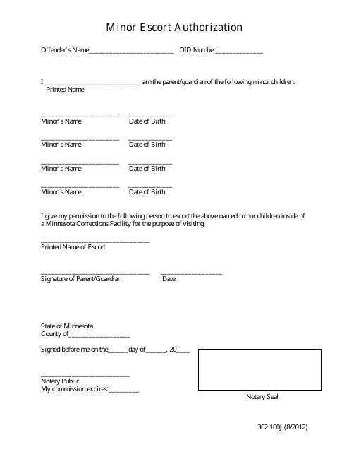 Form 302.100J Minor Escort Authorization - Minnesota