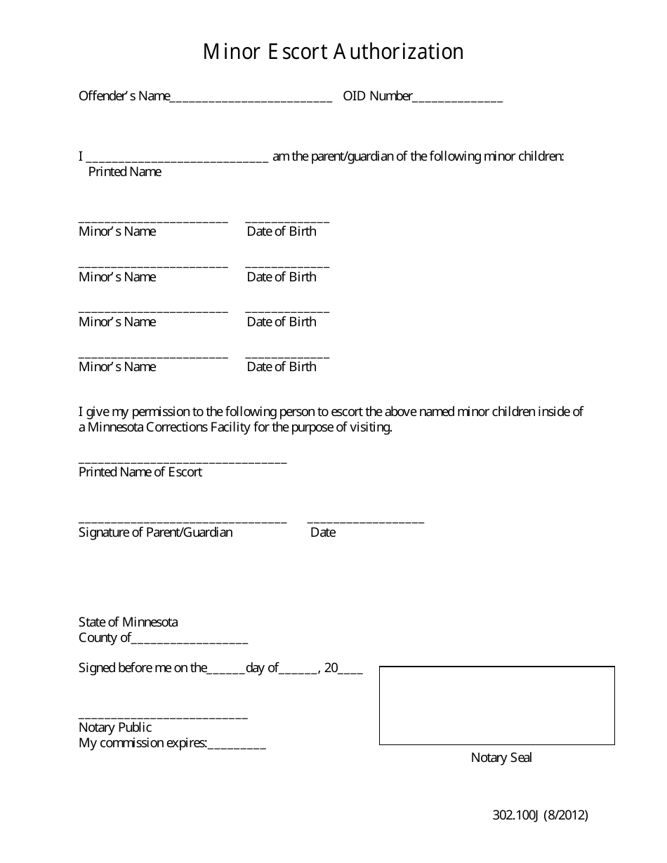 Form 302.100J Minor Escort Authorization - Minnesota, Page 1