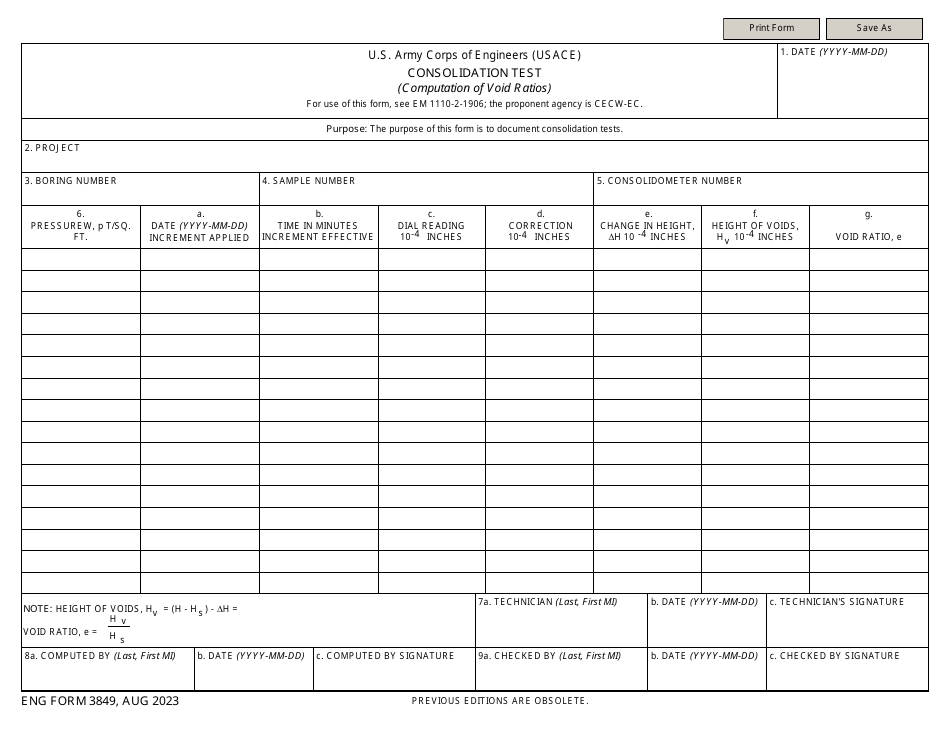 ENG Form 3849 Download Fillable PDF or Fill Online Consolidation Test ...