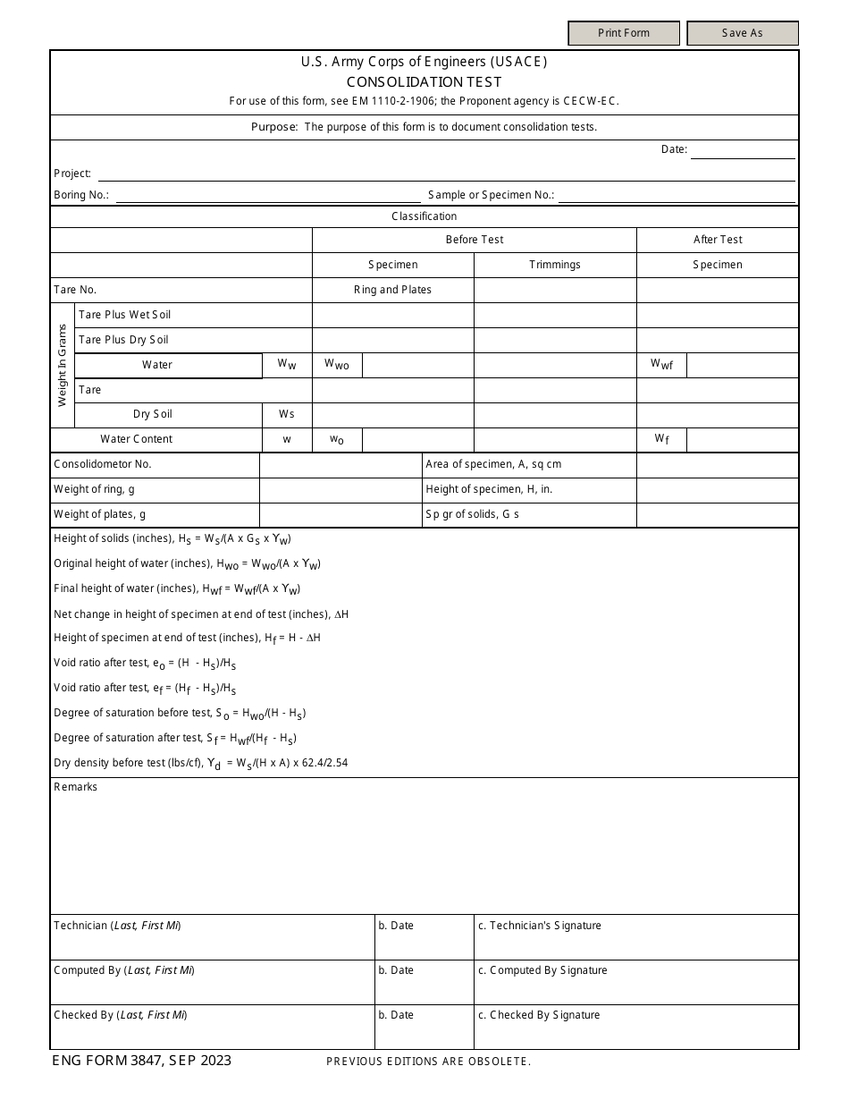ENG Form 3847 Consolidation Test, Page 1