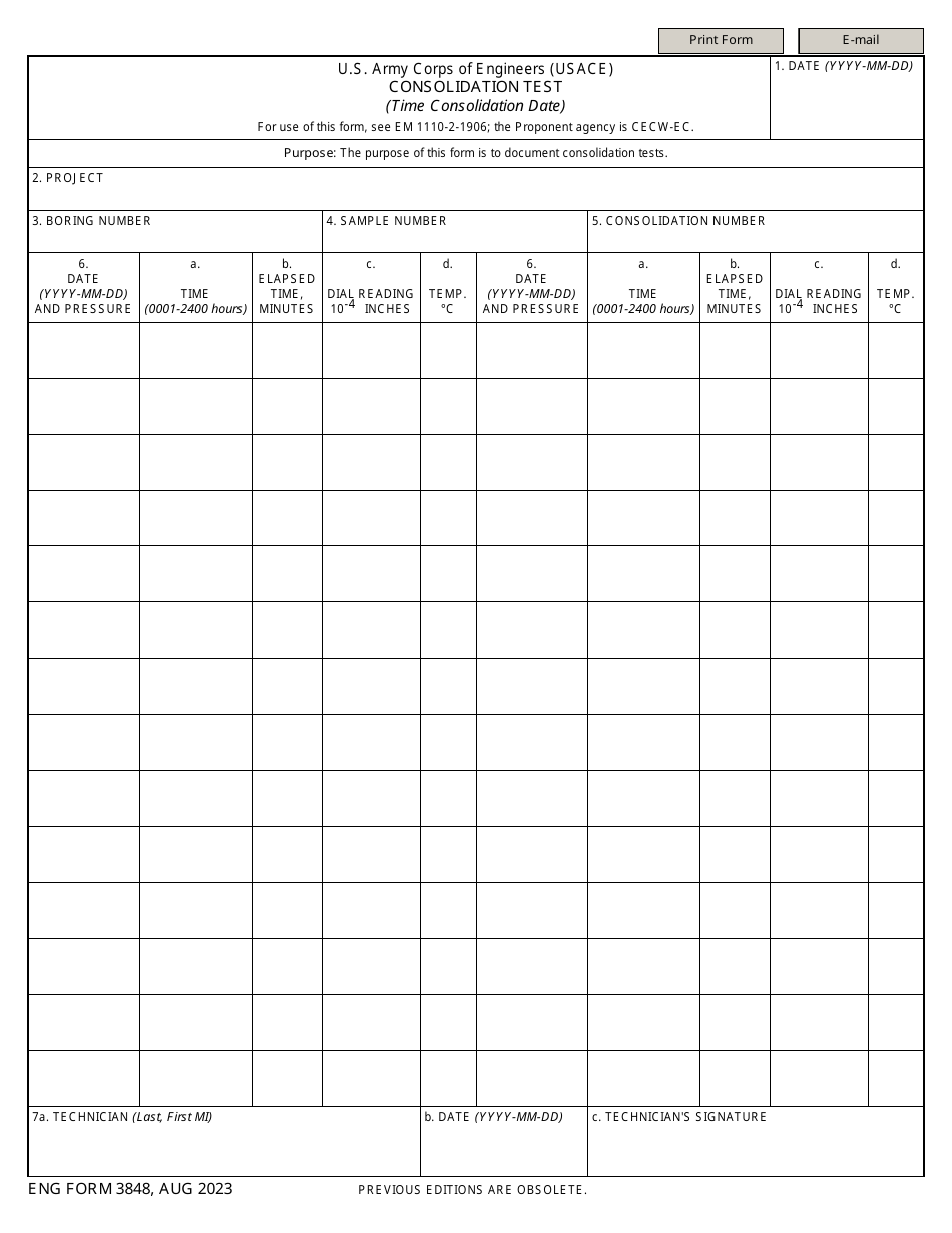 ENG Form 3848 Consolidation Test (Time Consolidation Date), Page 1
